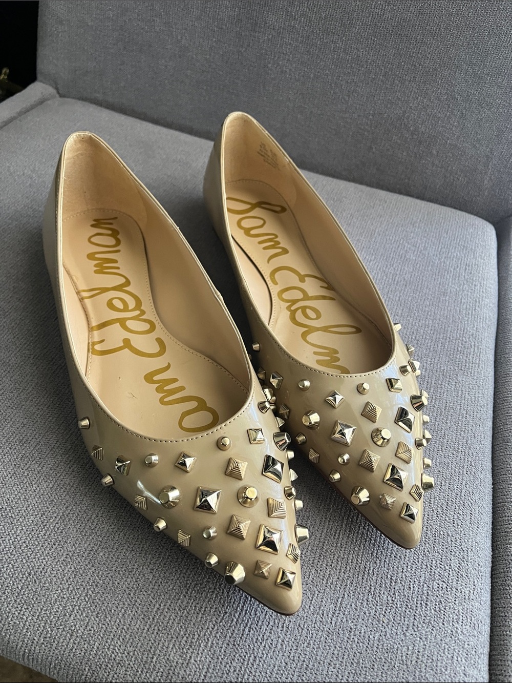 Sam Edelman Beige Pointed-Toe Studded Flats
